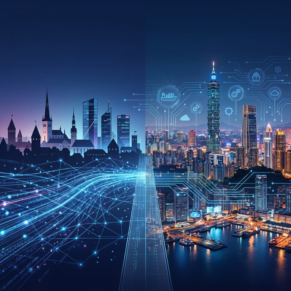 Bridge connecting European and Taiwanese skylines with digital networks
